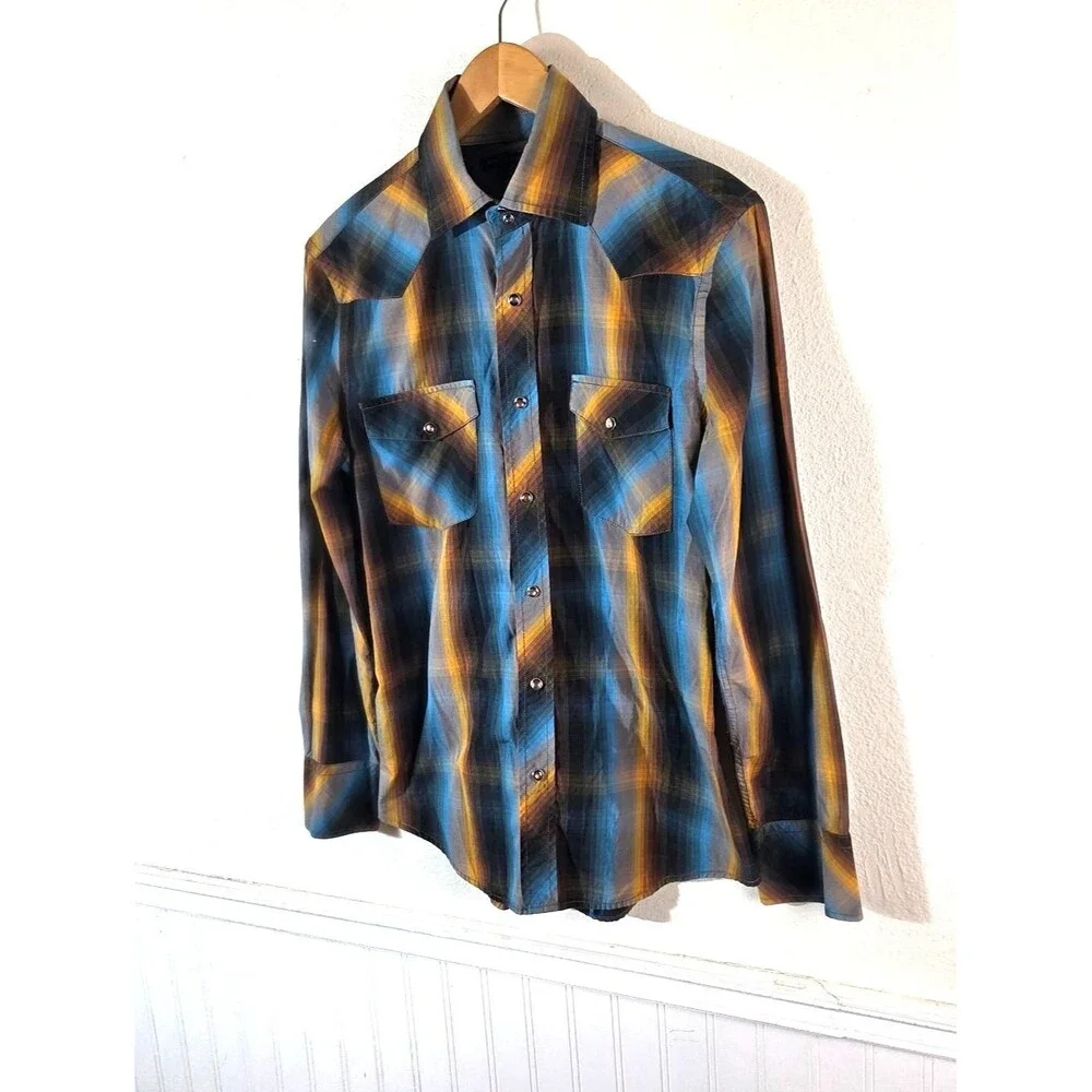 Banana Republic Pearl Snap Western Plaid Shirt Men’s Small Blue Yellow Long
